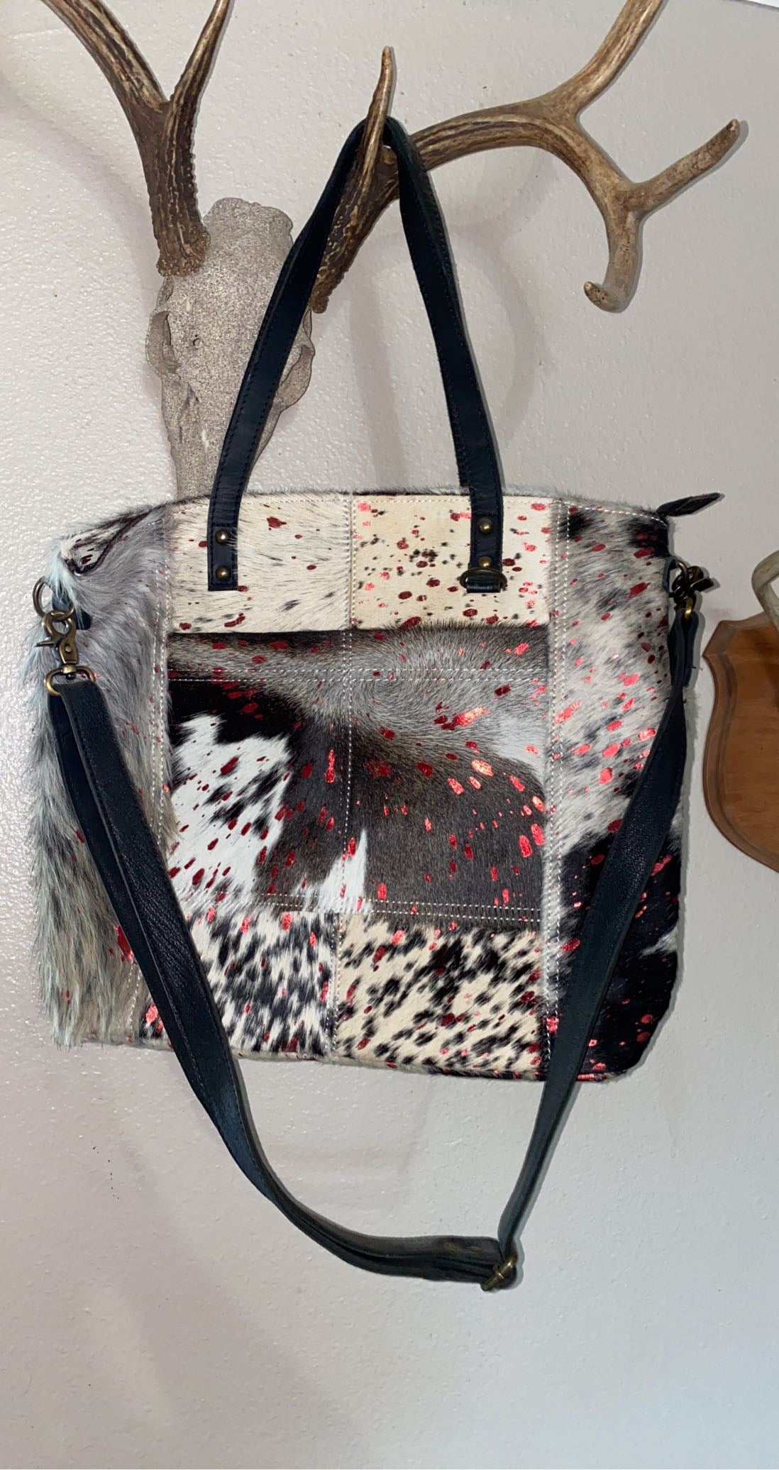Red acid washed cowhide purse